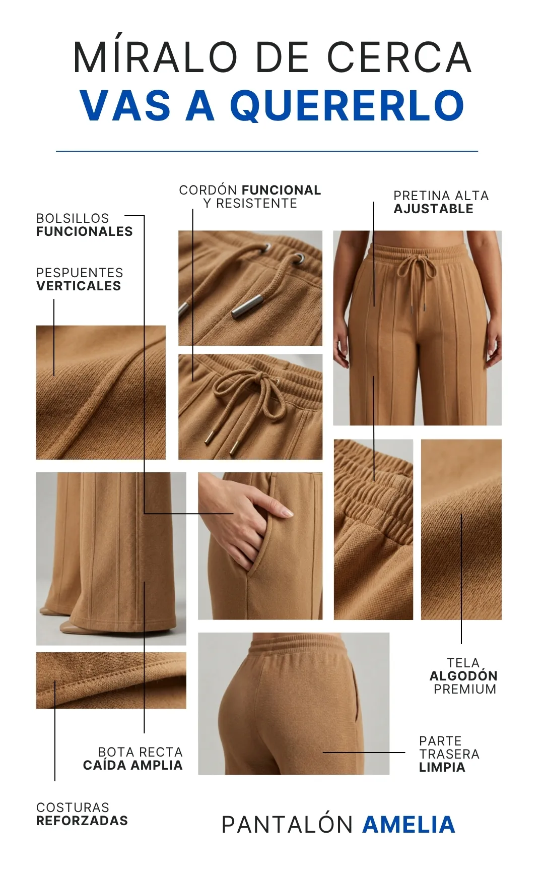 Detalles de tela, costuras y bolsillos